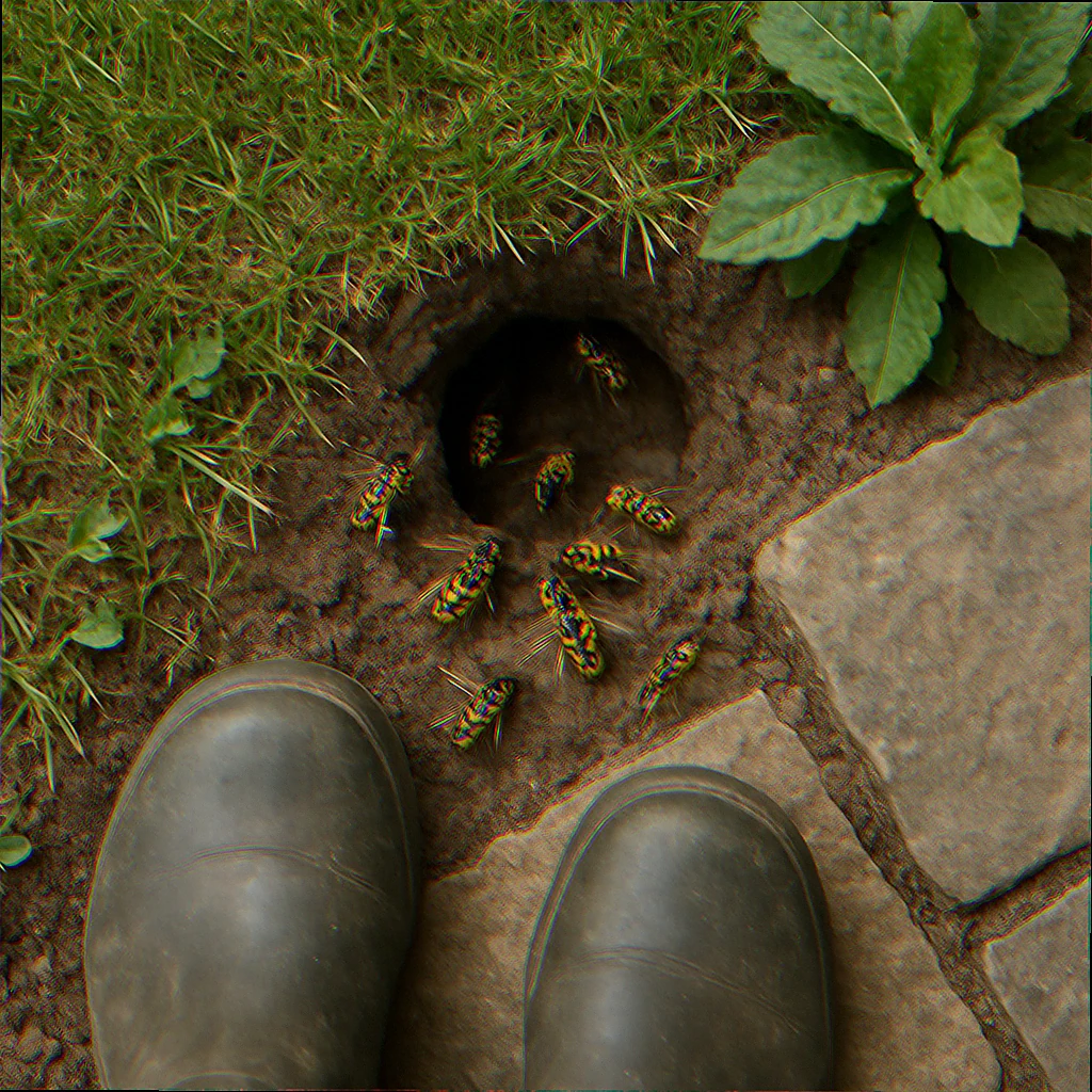 Underground yellow jacket nest entrance at the base of a residential lawn near flagstone