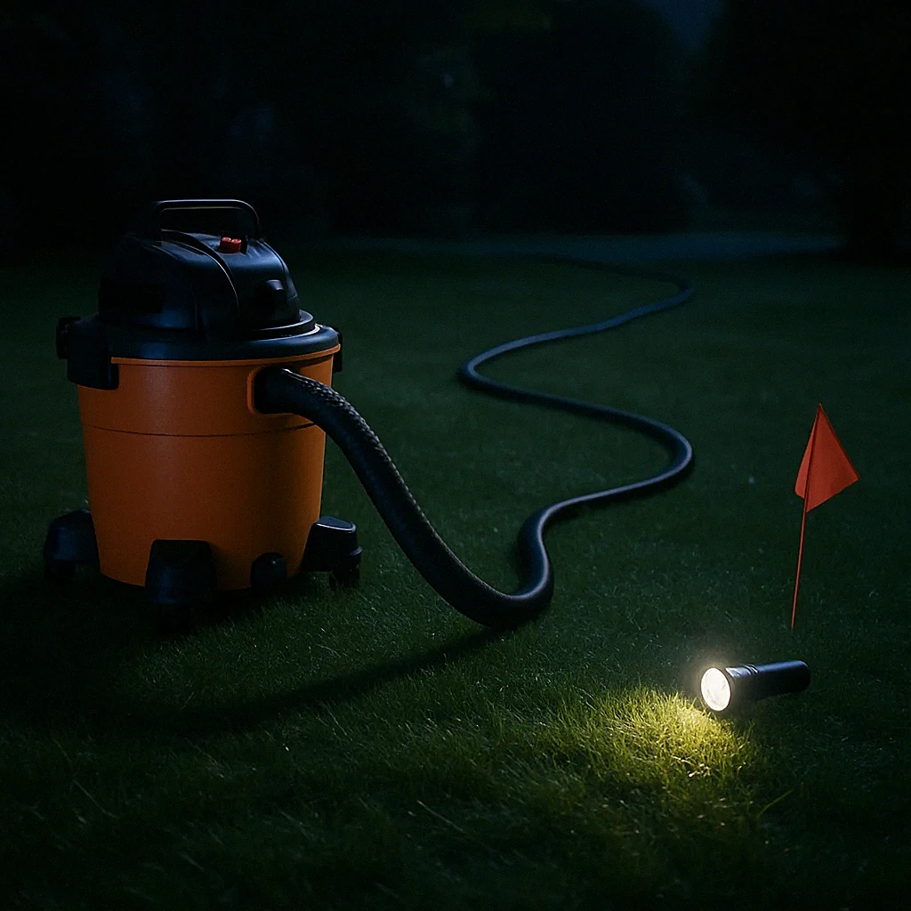 Wet/dry shop vacuum on residential lawn at night with extension hose for yellow jacket nest removal