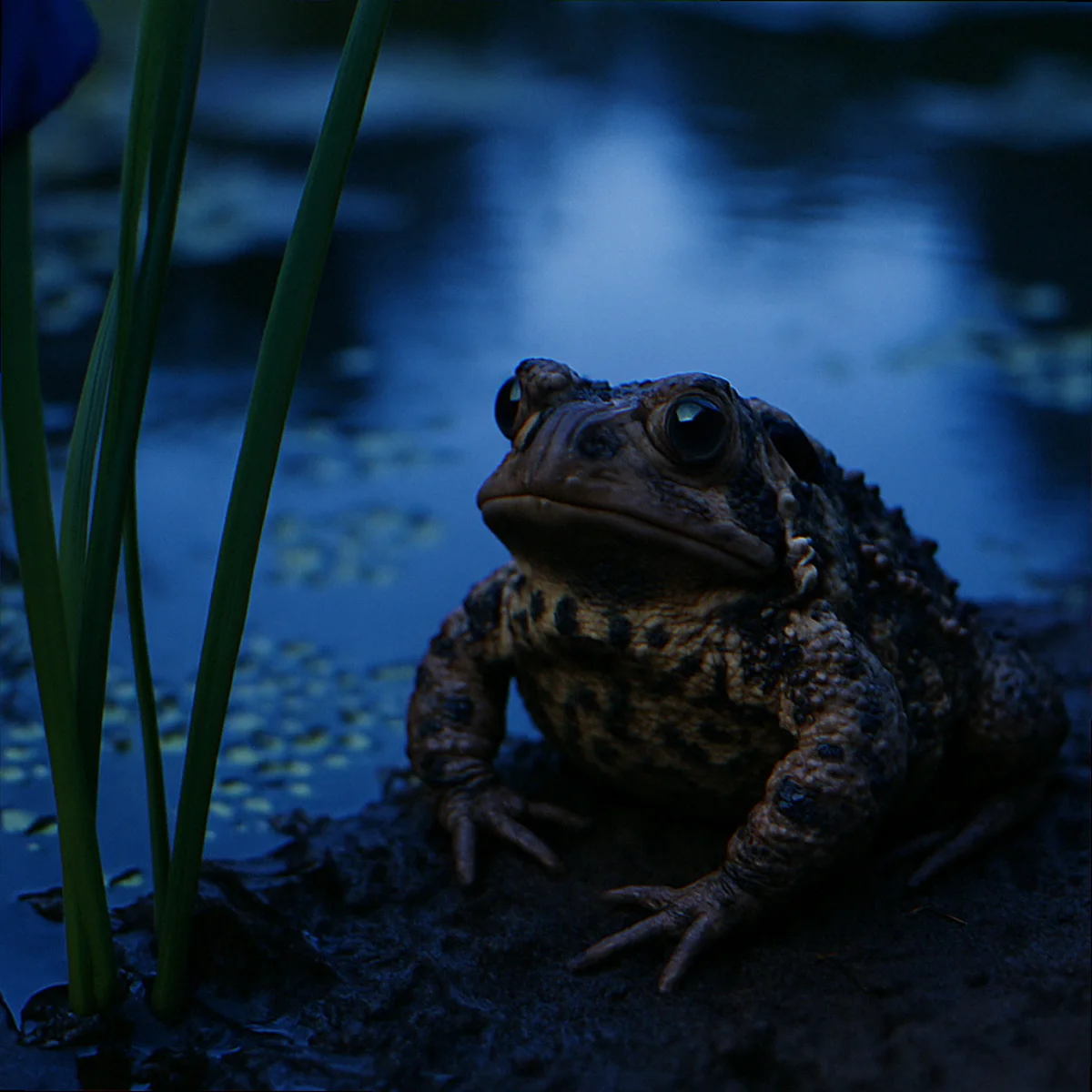 American toad at the muddy edge of a small backyard pond with blue flag iris and duckweed, blue hour light