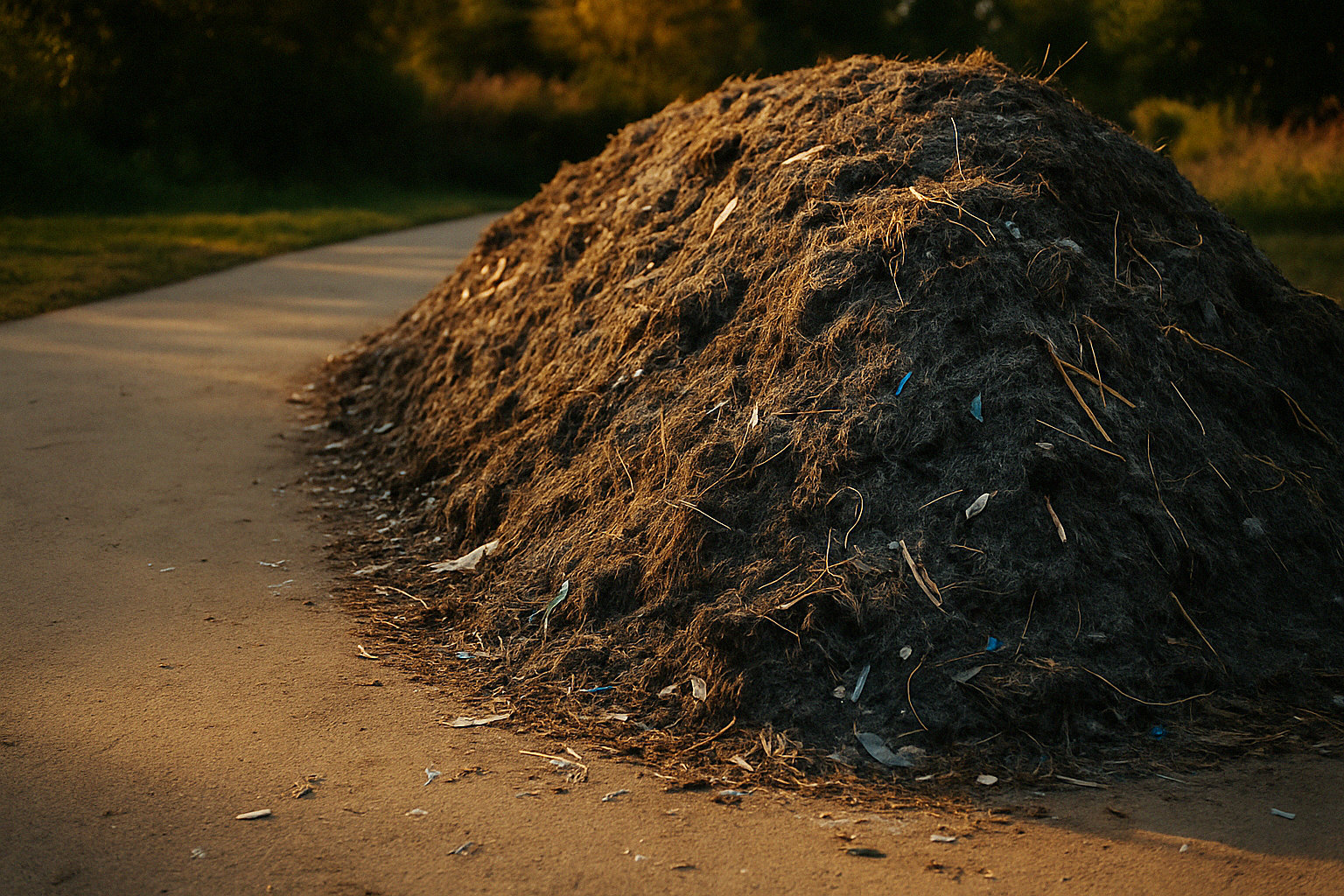 Contaminated bulk mulch pile on driveway showing visible plastic debris and unnatural gray color