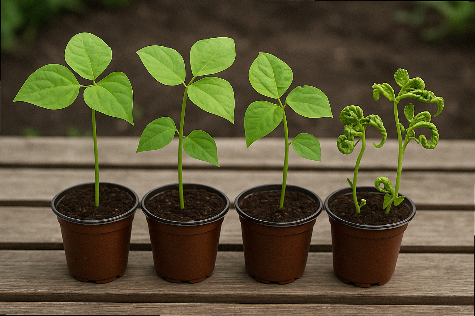 Green bean bioassay test showing healthy flat leaves versus twisted cupped herbicide damaged leaves