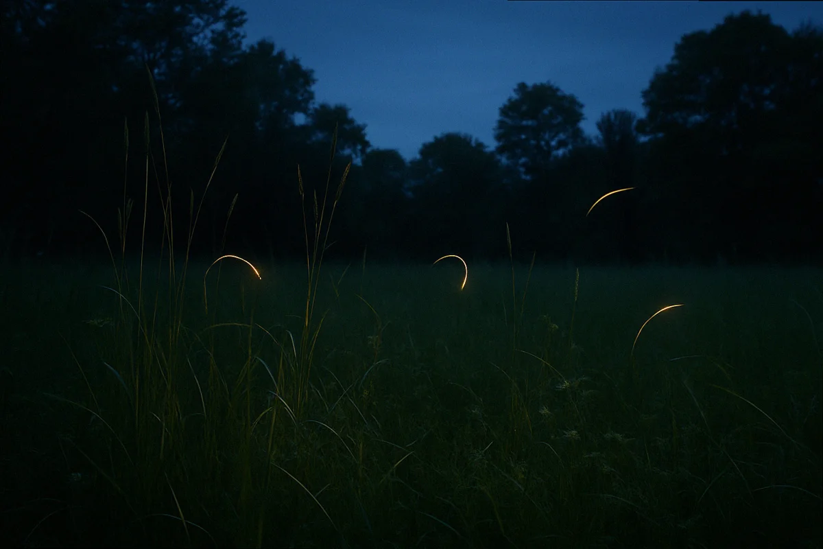 Faint warm yellow firefly light trails in tall grass at blue-hour dusk in a suburban yard