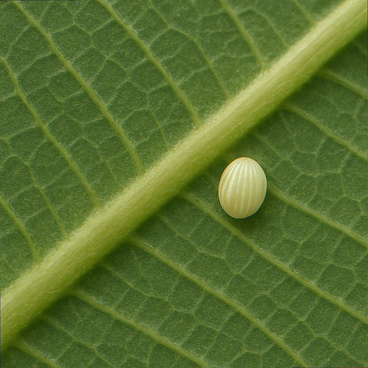 Pale-cream pinhead-sized monarch butterfly egg on the underside of a common milkweed leaf, macro shot