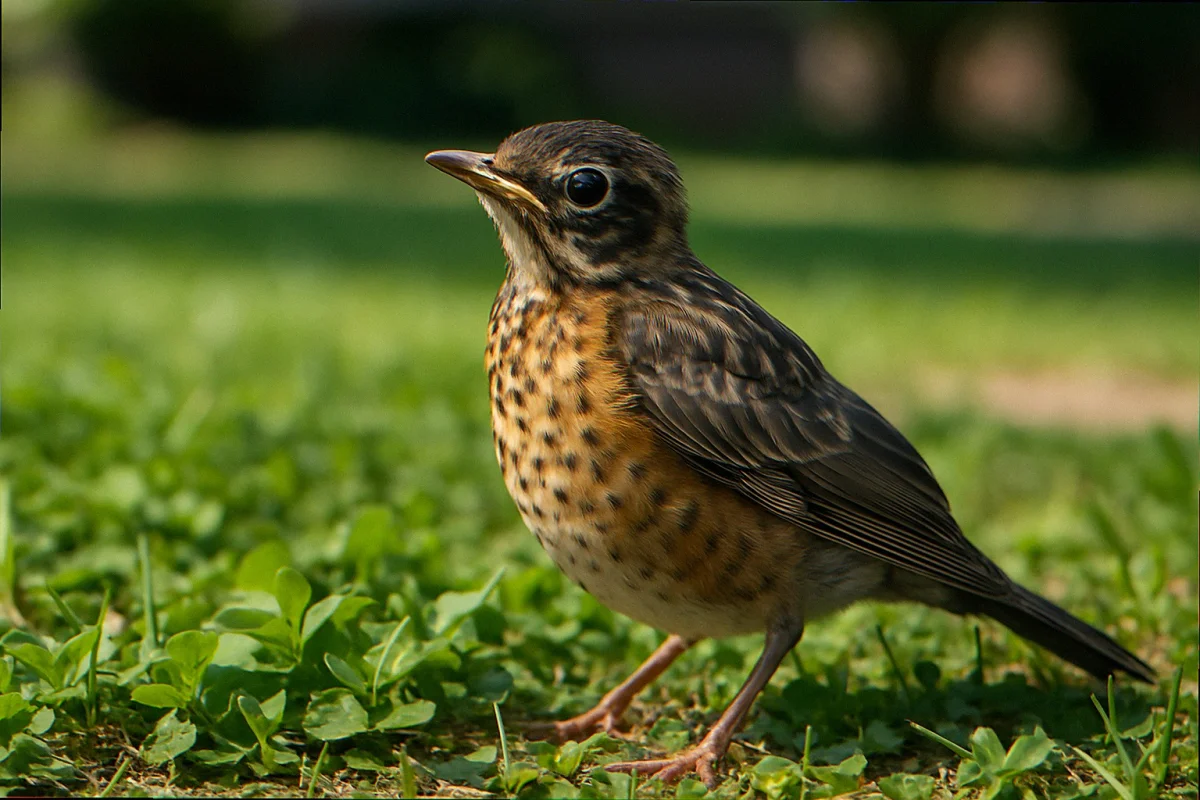 Spotted juvenile American robin fledgling sitting alert on mixed lawn and groundcover in bright noon sun