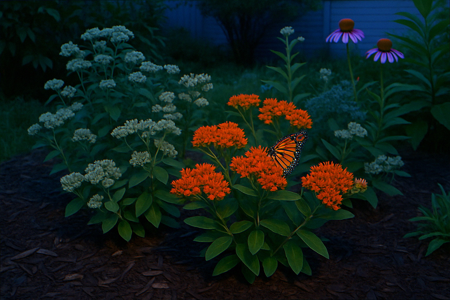 Thriving native plant garden bed with butterfly weed and coneflower mulched with natural dark hardwood at blue hour