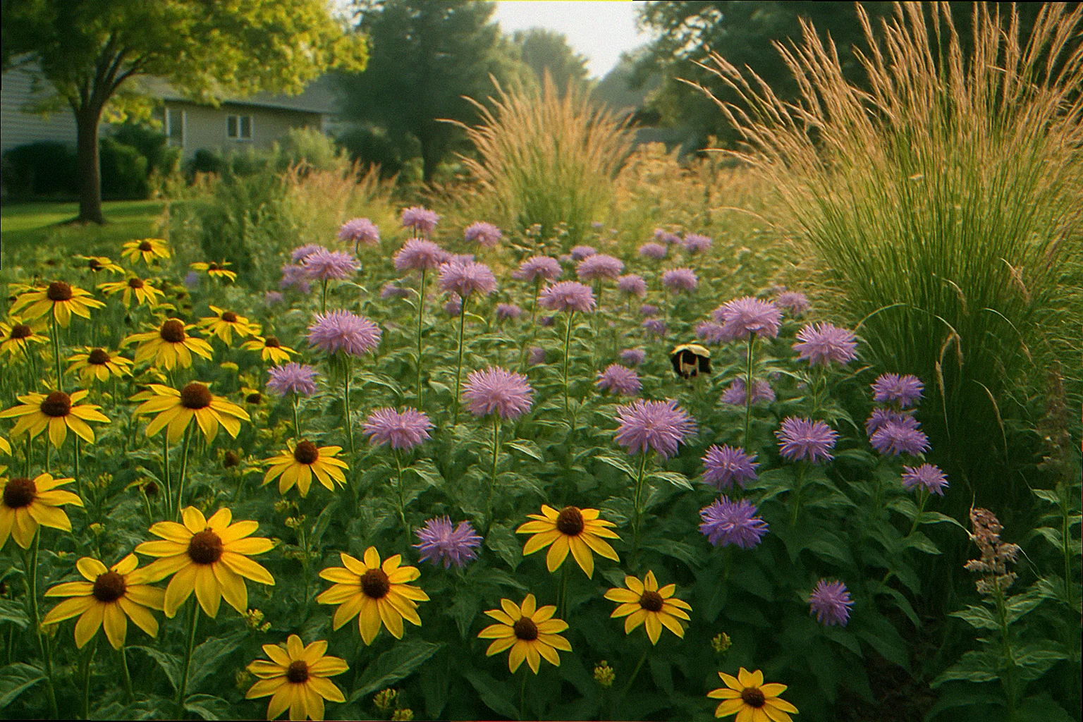 Thriving native plant bed with black-eyed Susans, wild bergamot and prairie dropseed one year after landscape fabric removal and soil amendment