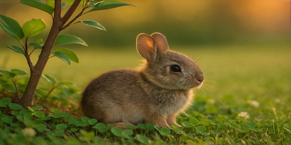 Three-week-old cottontail kit in clover at the edge of a suburban lawn near a native shrub