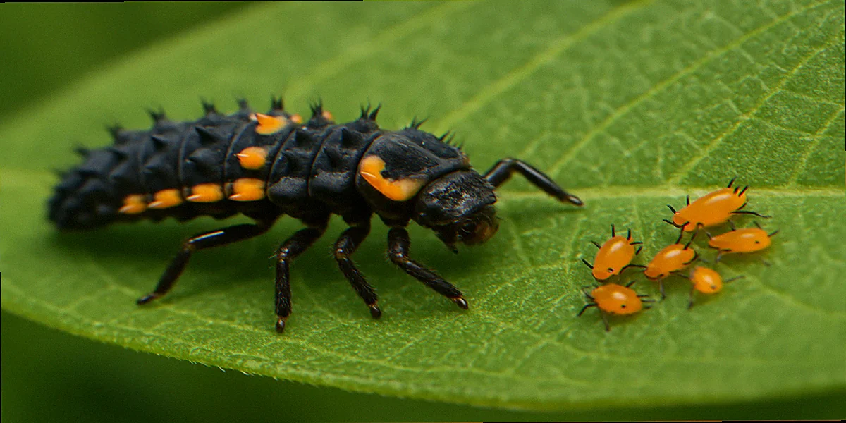 Black and orange ladybird beetle larva crawling toward a group of orange oleander aphids on a green milkweed leaf