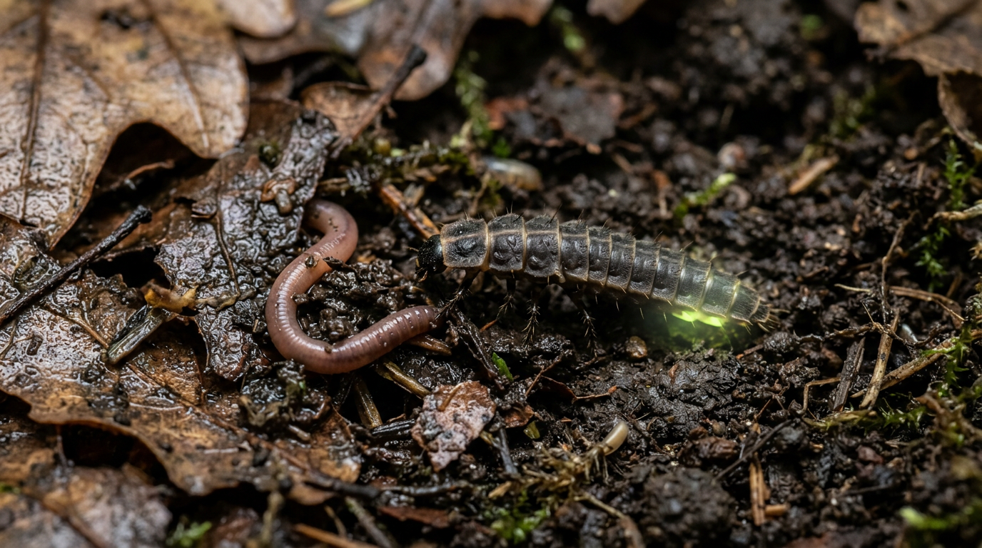 Firefly larva on moist soil among leaf litter and earthworm prey