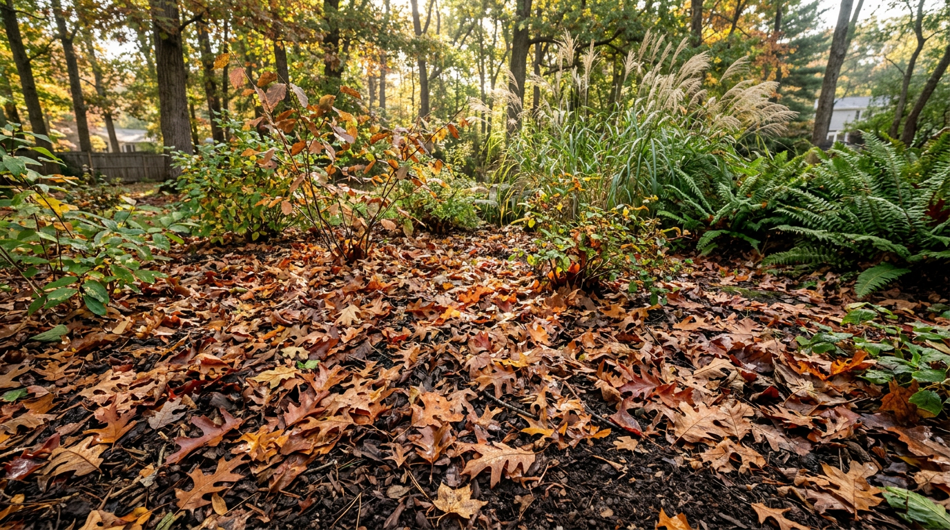 Layer of fallen leaves as natural mulch under native shrubs in a backyard