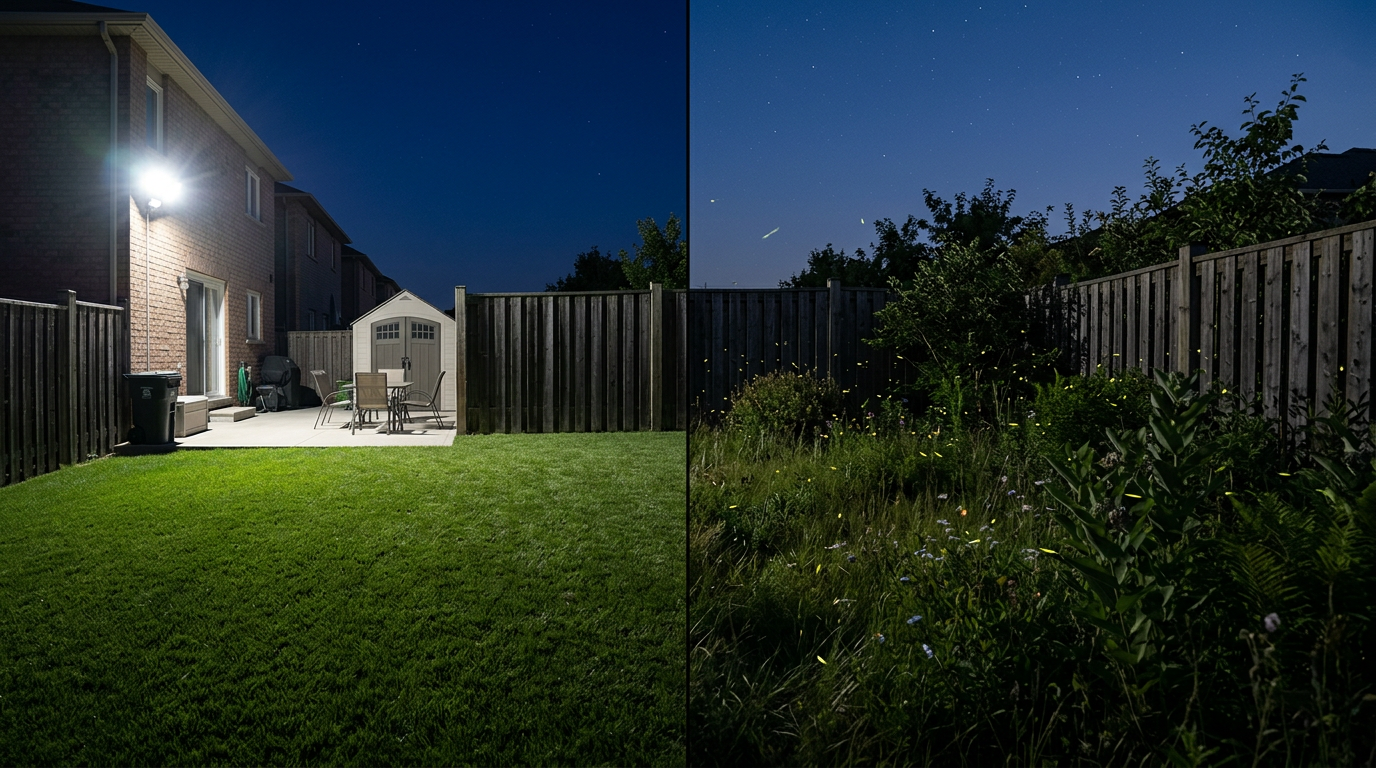 Side-by-side comparison of bright LED-lit lawn versus dark native yard with fireflies