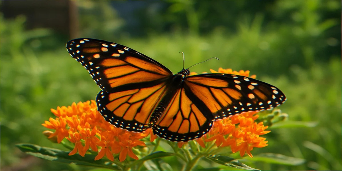 Monarch butterfly with wings open nectaring on bright orange butterfly weed flowers in a backyard native pollinator garden