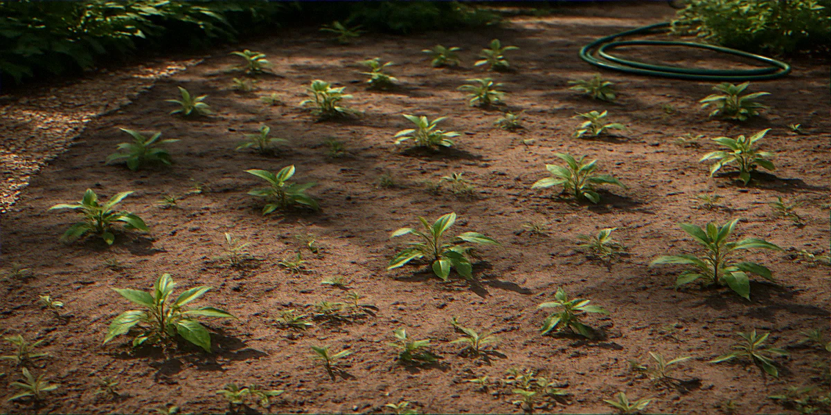 Struggling new native plant bed with tag-distance spacing and visible weed seedlings in bare soil