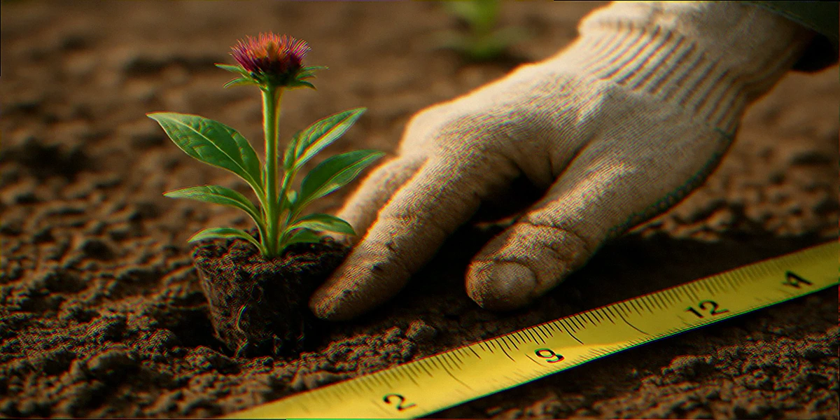 Hand planting purple coneflower plug into bare soil with ruler showing 12 inch establishment spacing