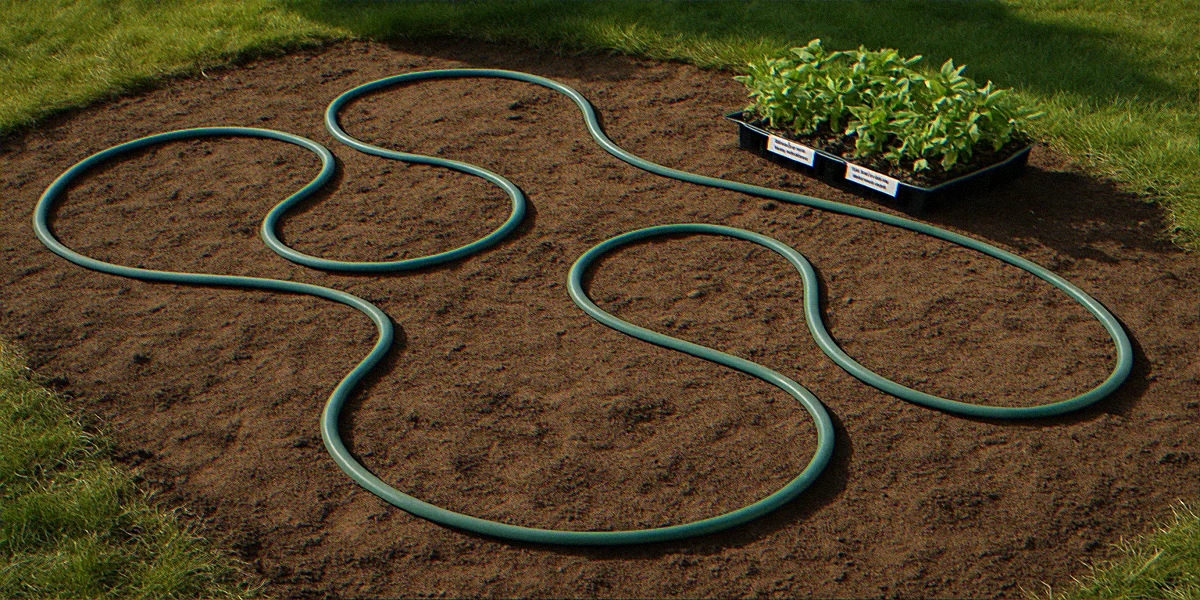 Garden hose laid out in soft wavy curves on bare bed to mark native plant drift clusters before planting