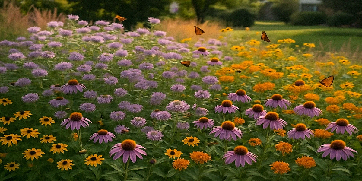 Year three established native pollinator bed with continuous canopy of coneflower bergamot black-eyed Susan and little bluestem