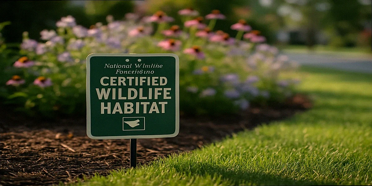 National Wildlife Federation Certified Wildlife Habitat sign staked at front edge of native plant bed beside maintained lawn