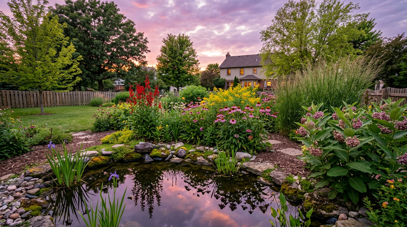Native pollinator garden with switchgrass, cardinal flower, and small backyard pond at dusk