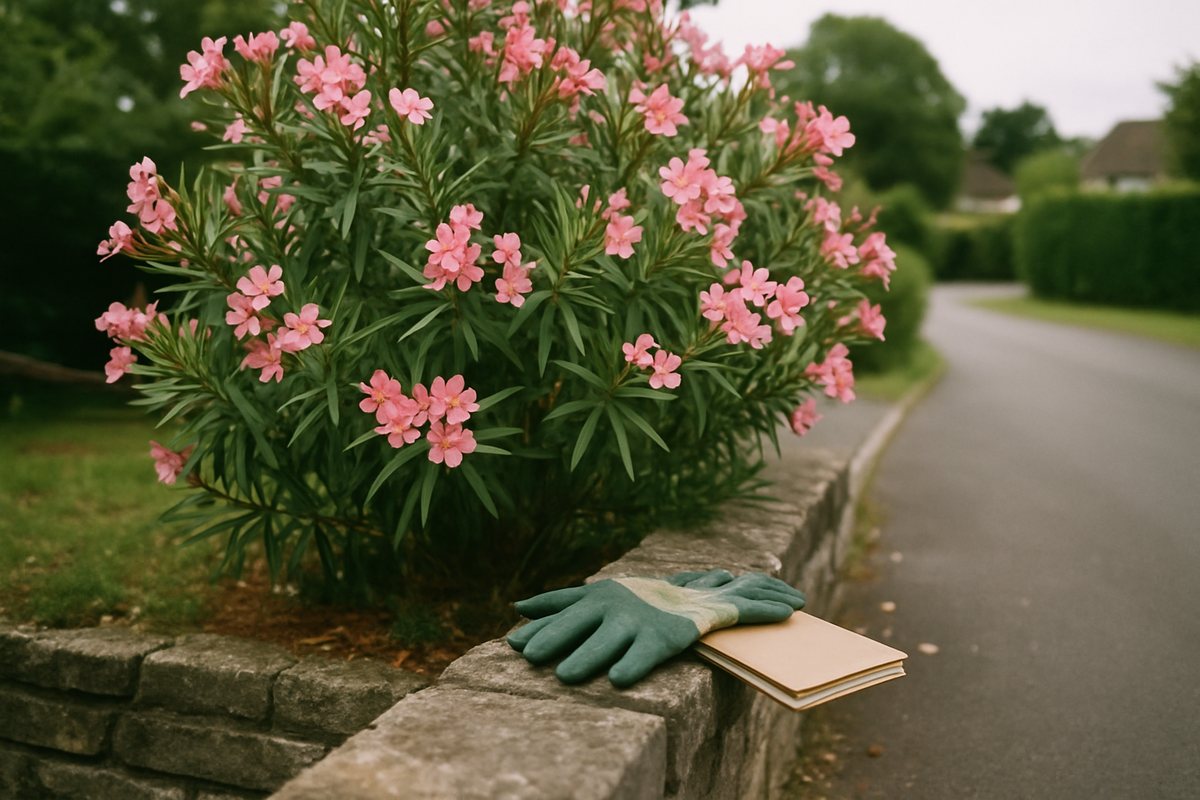 Pink oleander shrub blooming along a suburban driveway with garden gloves and notebook on stone wall foreground