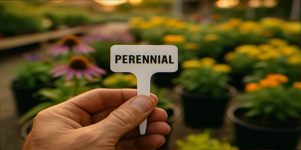 Gardener hand holding a small plastic nursery plant tag up close at a garden center display