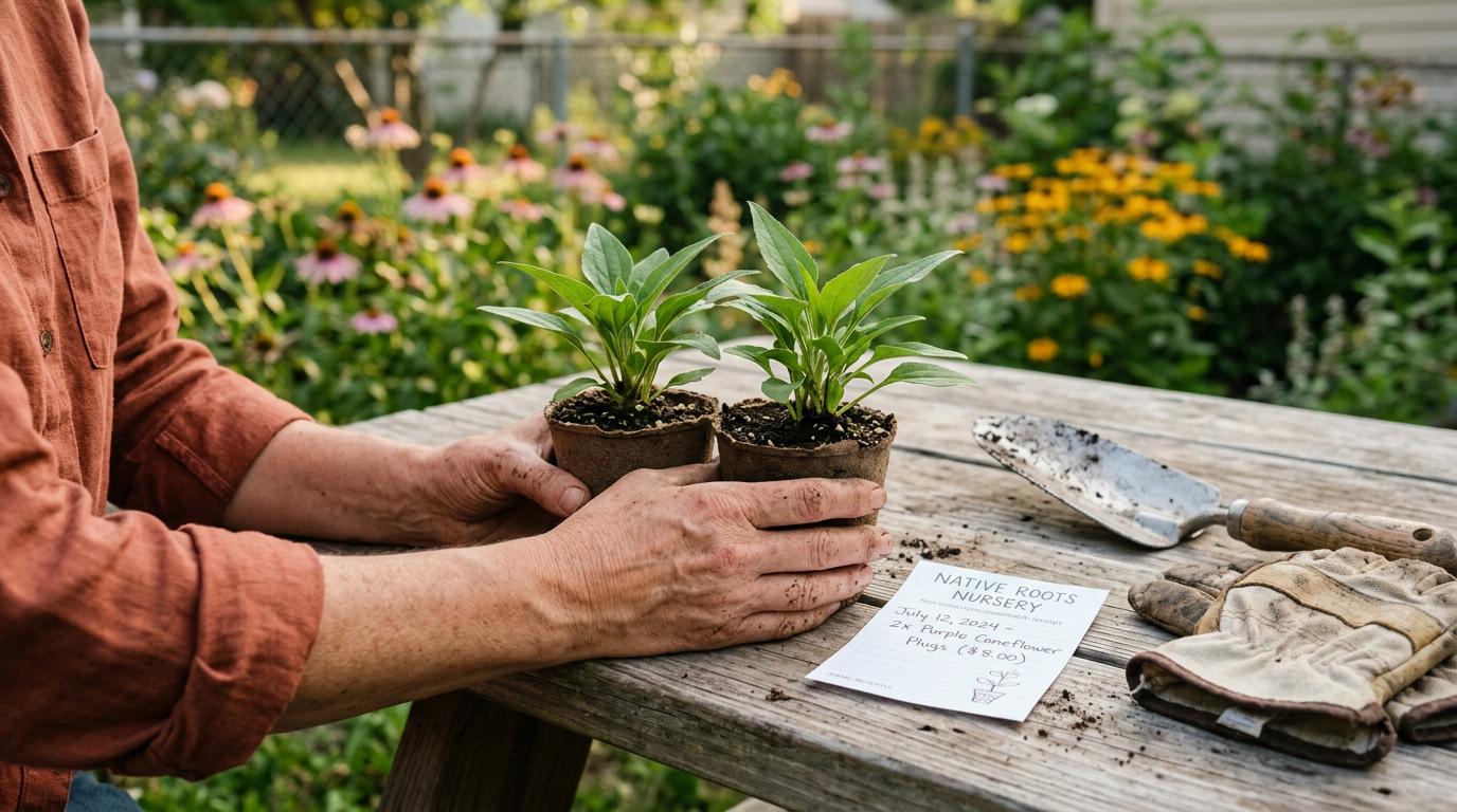 Gardener holding native plant plugs and gloves on a wooden picnic table