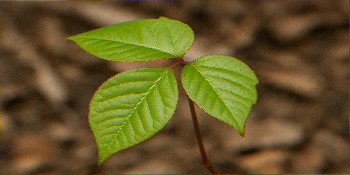 Close-up of poison ivy three-leaflet pattern showing longer middle petiolule and alternate stem arrangement for identification