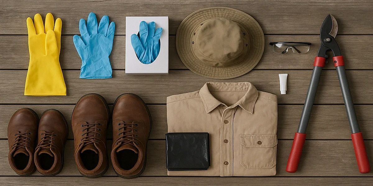 Complete personal protective equipment kit for poison ivy removal: nitrile and rubber gloves, brimmed hat, boots, safety glasses, contractor bag