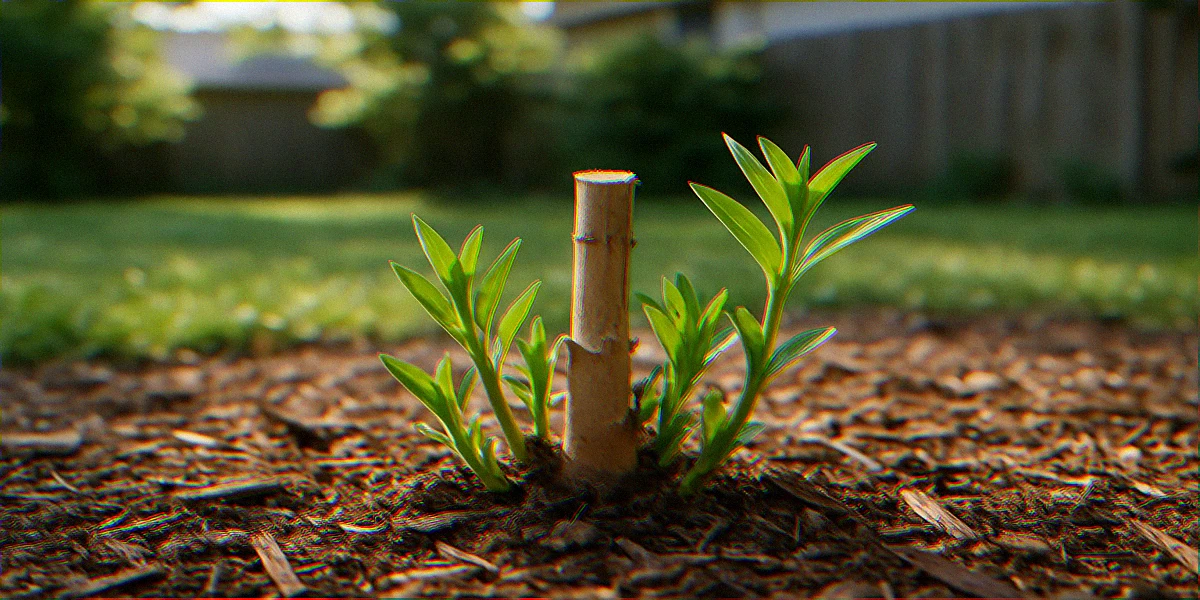 Freshly pruned milkweed plant cut back to four inches above mulched soil with new green shoots emerging from the base