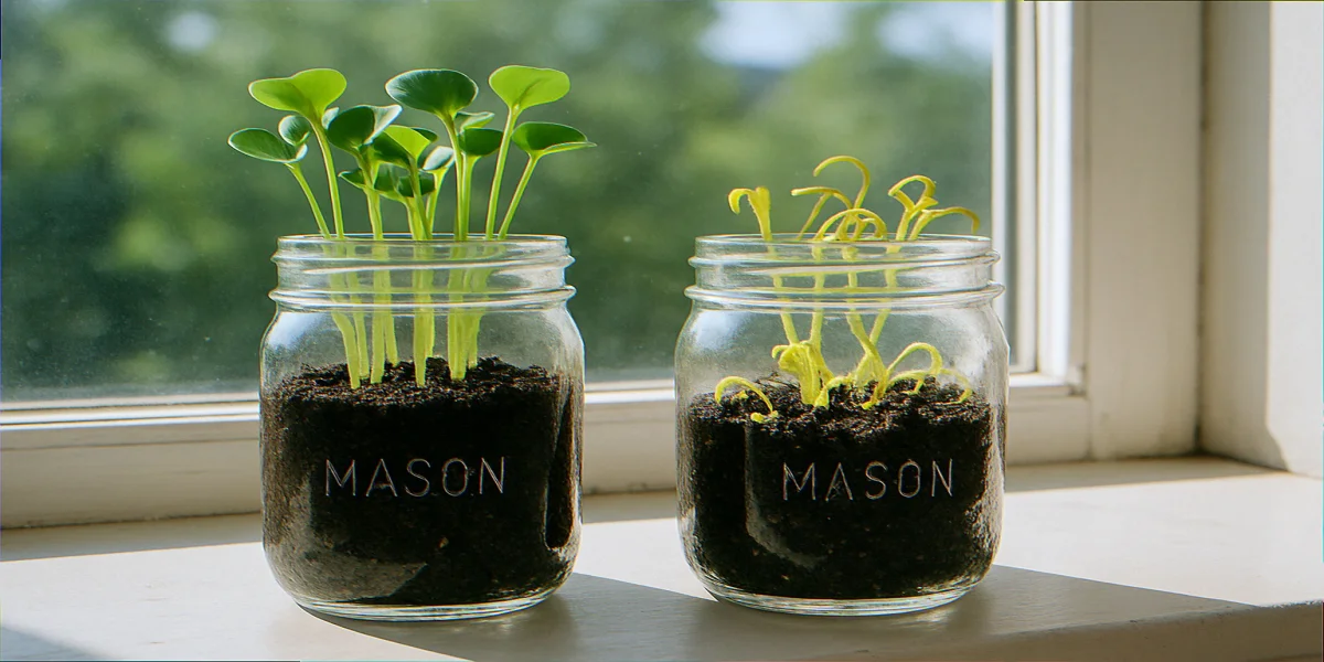 Two glass jars on a sunny windowsill with radish seedlings comparing healthy growth in clean soil versus stunted yellow seedlings in suspect potting medium