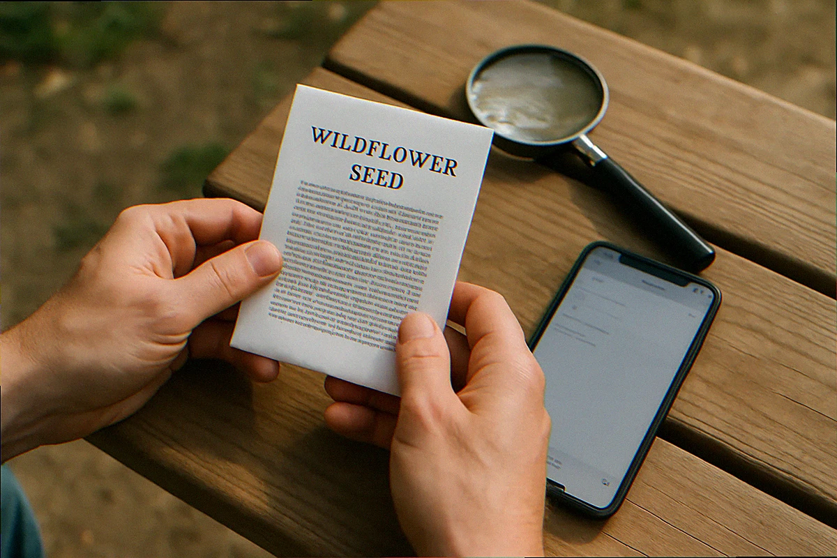 Hands reading the back of a wildflower seed packet with a phone open to a Latin name lookup