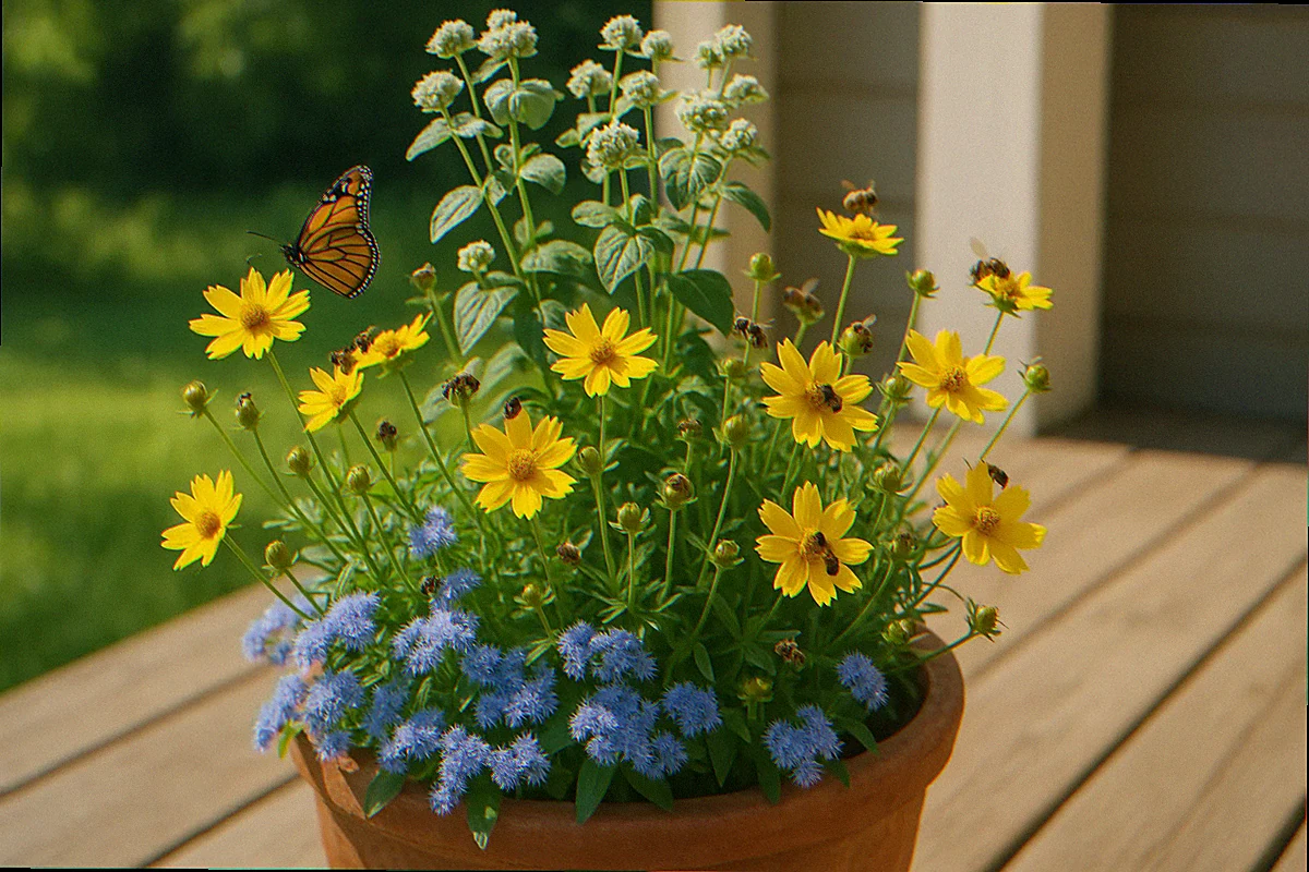 Full-sun pollinator container with yellow lanceleaf coreopsis, mountain mint, and blue mistflower visited by honeybees and a monarch butterfly