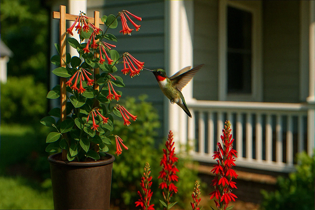 Tall vertical container with red trumpet honeysuckle on a small trellis with a male ruby-throated hummingbird feeding mid-flight