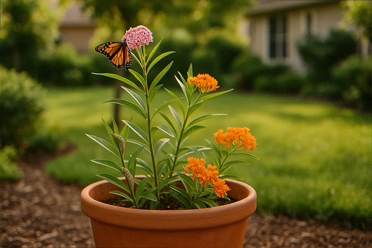 Monarch waystation in a 20-inch terracotta container with pink swamp milkweed, butterfly weed, monarch butterfly, and two monarch caterpillars