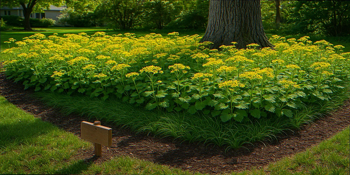Mature native plant bed in year three with golden ragwort and Pennsylvania sedge ground cover filling in densely after careful weed identification practice