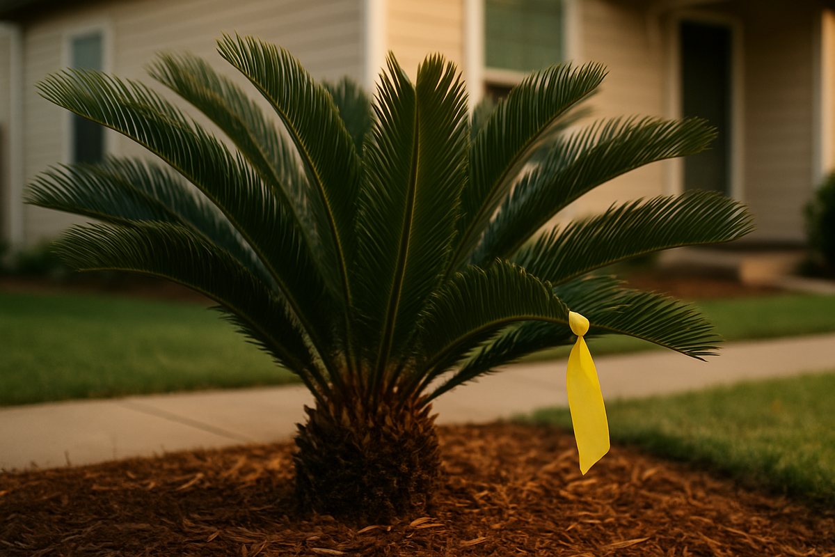 Mature sago palm planted in a residential front yard mulched bed with caution tape marker indicating toxic plant