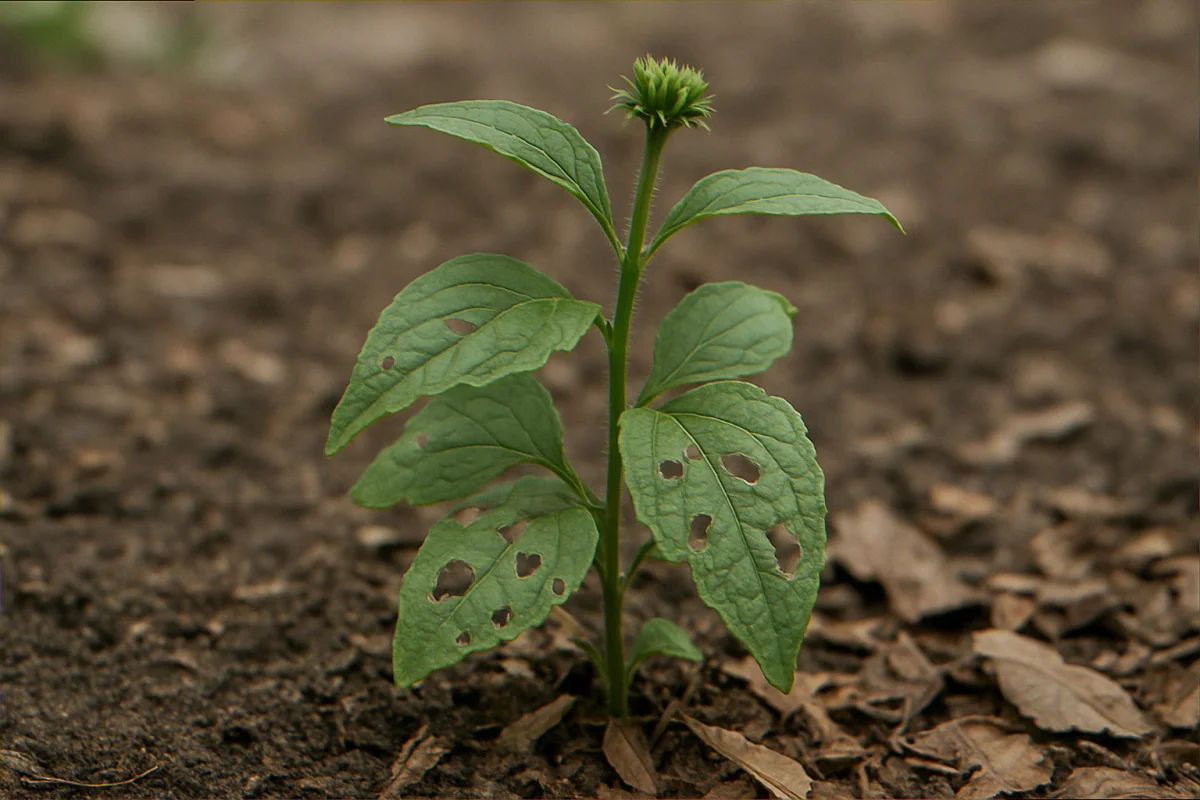 Young purple coneflower seedling with chewed holes in lower leaves from overnight slug feeding