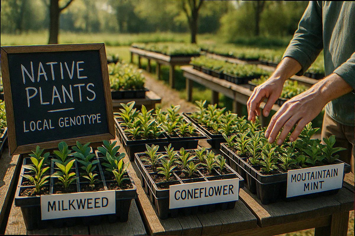 Local native plant nursery tables loaded with labeled native plant plugs in spring with a customer browsing