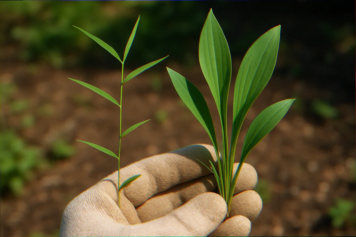 Field-guide comparison of Japanese stiltgrass on the left and native deertongue grass on the right held in a gloved hand