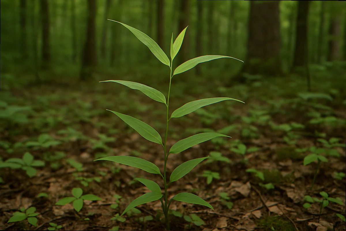 Japanese stiltgrass colony spreading along eastern woodland edge in May