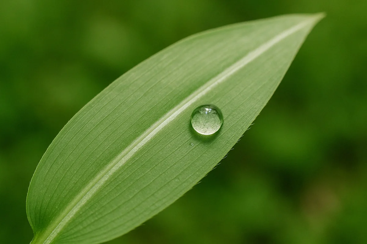 Close-up of a Japanese stiltgrass leaf showing the off-center silvery midrib stripe