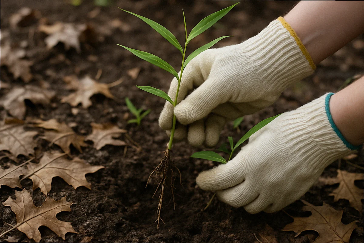 Gloved hand pulling a young Japanese stiltgrass plant cleanly from moist woodland soil with the roots intact