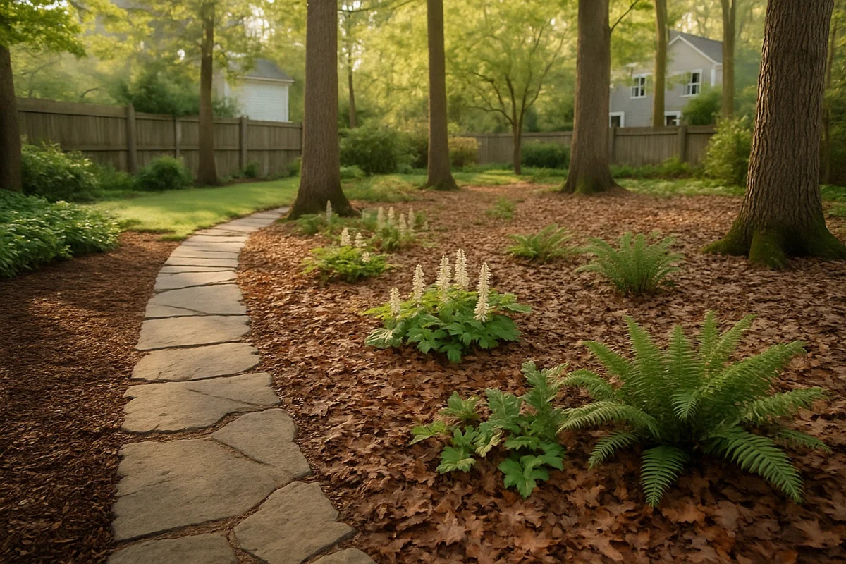 Two-zone woodland garden bed with a tidy hardwood mulch border along a flagstone path edge transitioning to natural oak leaf litter interior