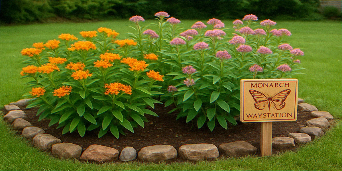 Tidy suburban native milkweed garden bed with a mowed grass border fieldstone edging and a small wood monarch waystation sign