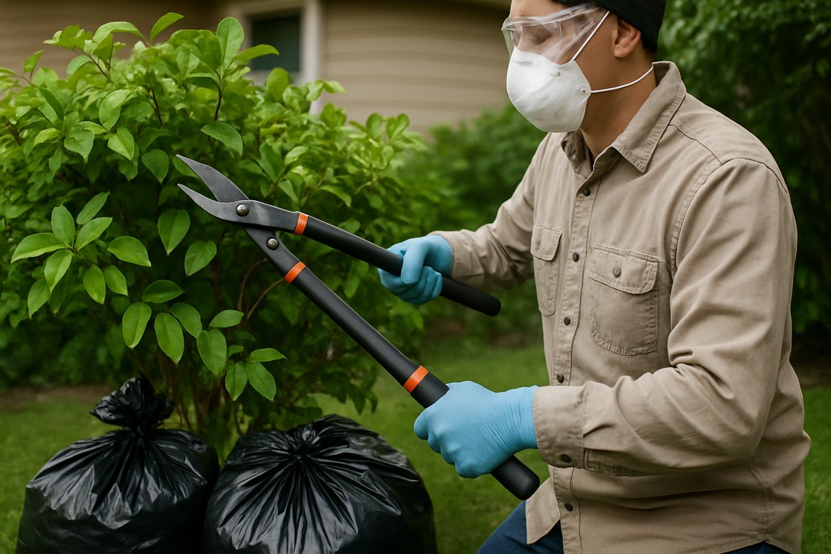 Gardener in long sleeves nitrile gloves safety goggles and N95 respirator cutting a toxic shrub with bypass loppers