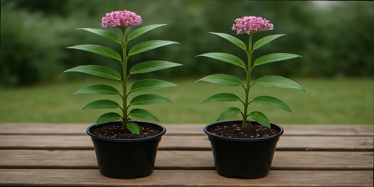 Two milkweed plants on a wooden bench, one with chewed leaves and one with perfectly glossy leaves