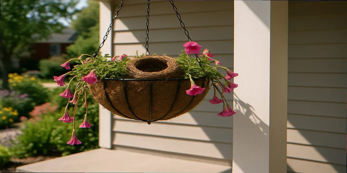 Wilted pink petunias drooping over the edge of a hanging basket beside a sturdy cup nest visible at the back, with morning sun cutting across the porch