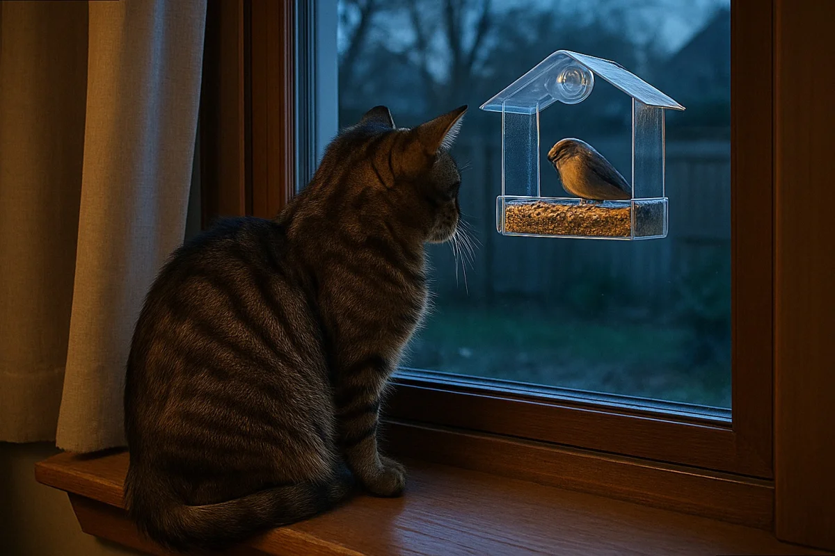 Indoor tabby cat watching a backyard bird feeder through a window in blue hour evening light