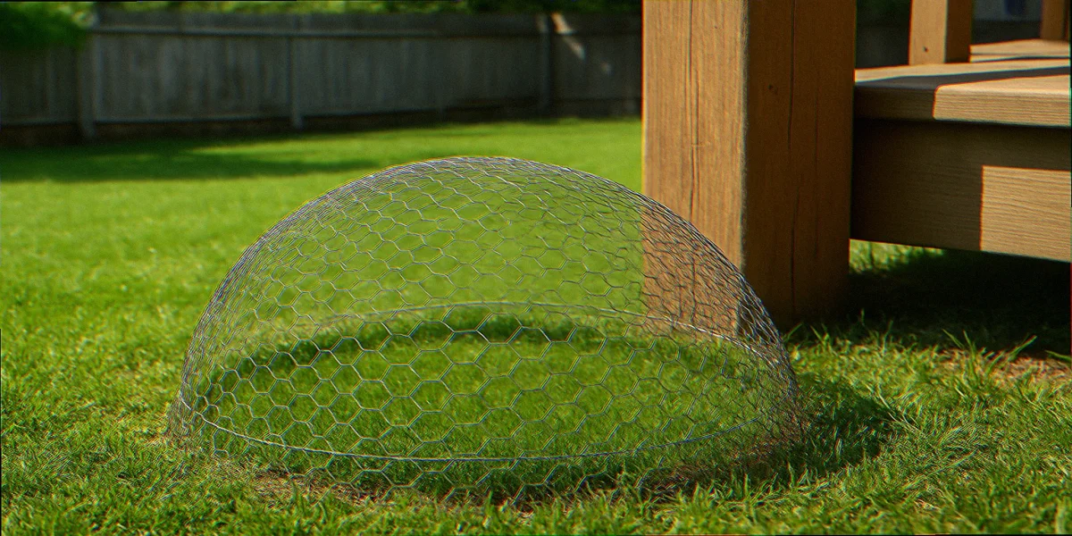 Wire mesh chicken-wire dome covering protected nest area beside wooden deck post
