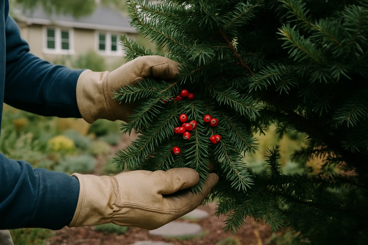 Gloved hands gently parting yew hedge branches to reveal bright red toxic arils in a suburban driveway garden