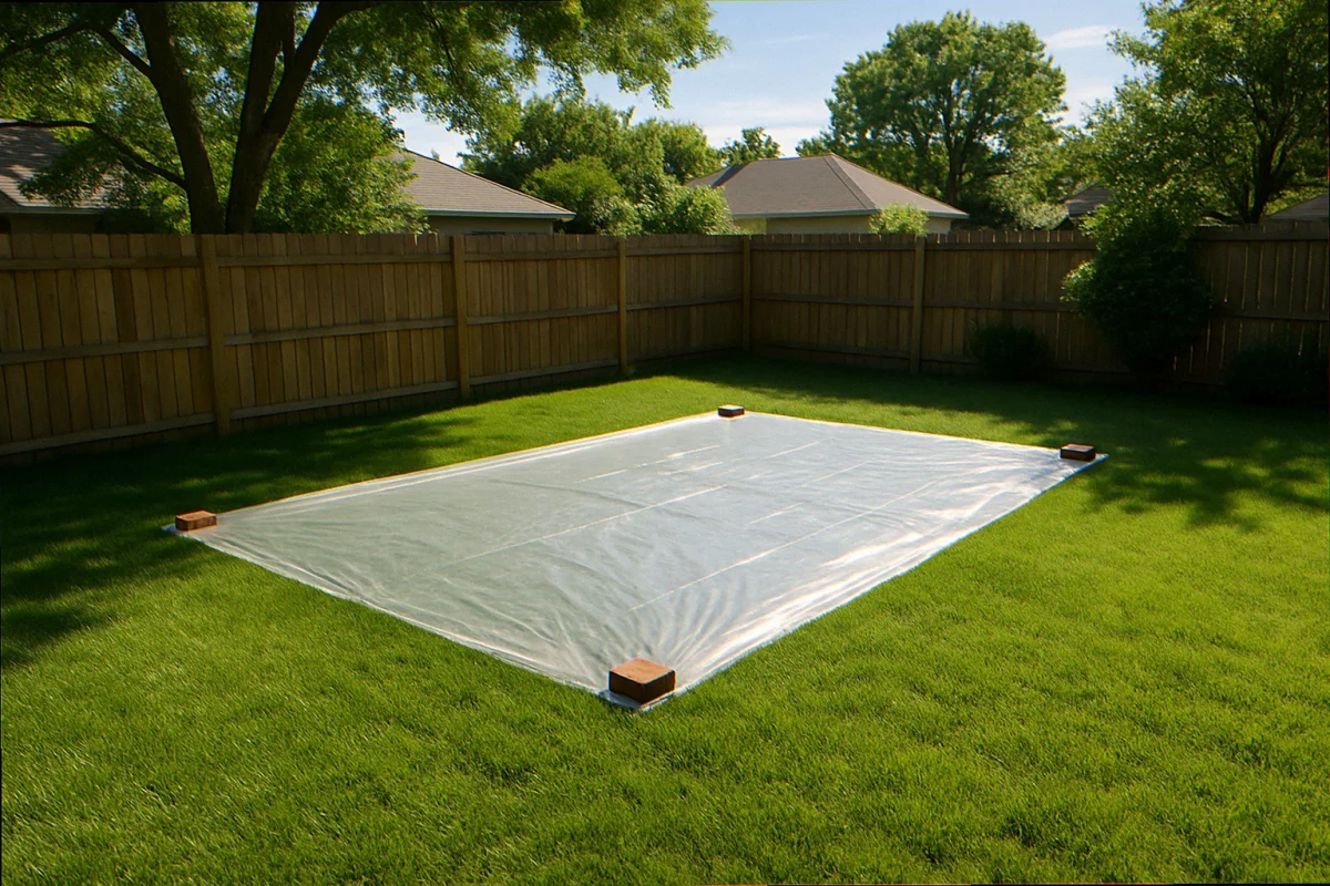 Suburban backyard lawn with clear plastic sheet covering a rectangular solarization patch weighted by bricks on a sunny June afternoon